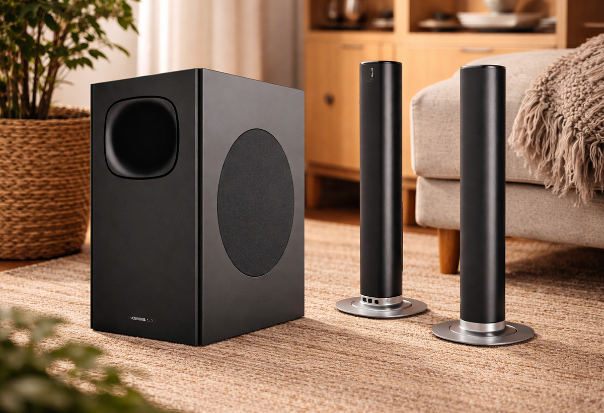 Απεικονίζονται τα ηχεία και το soundbar σε σαλόνι.